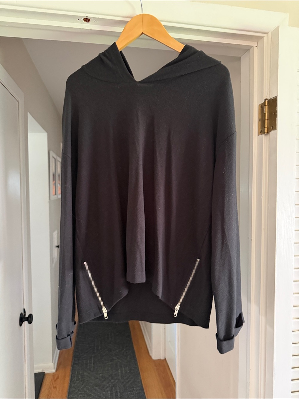 Women's Black Hooded Sweater with Diagonal Zip Detail